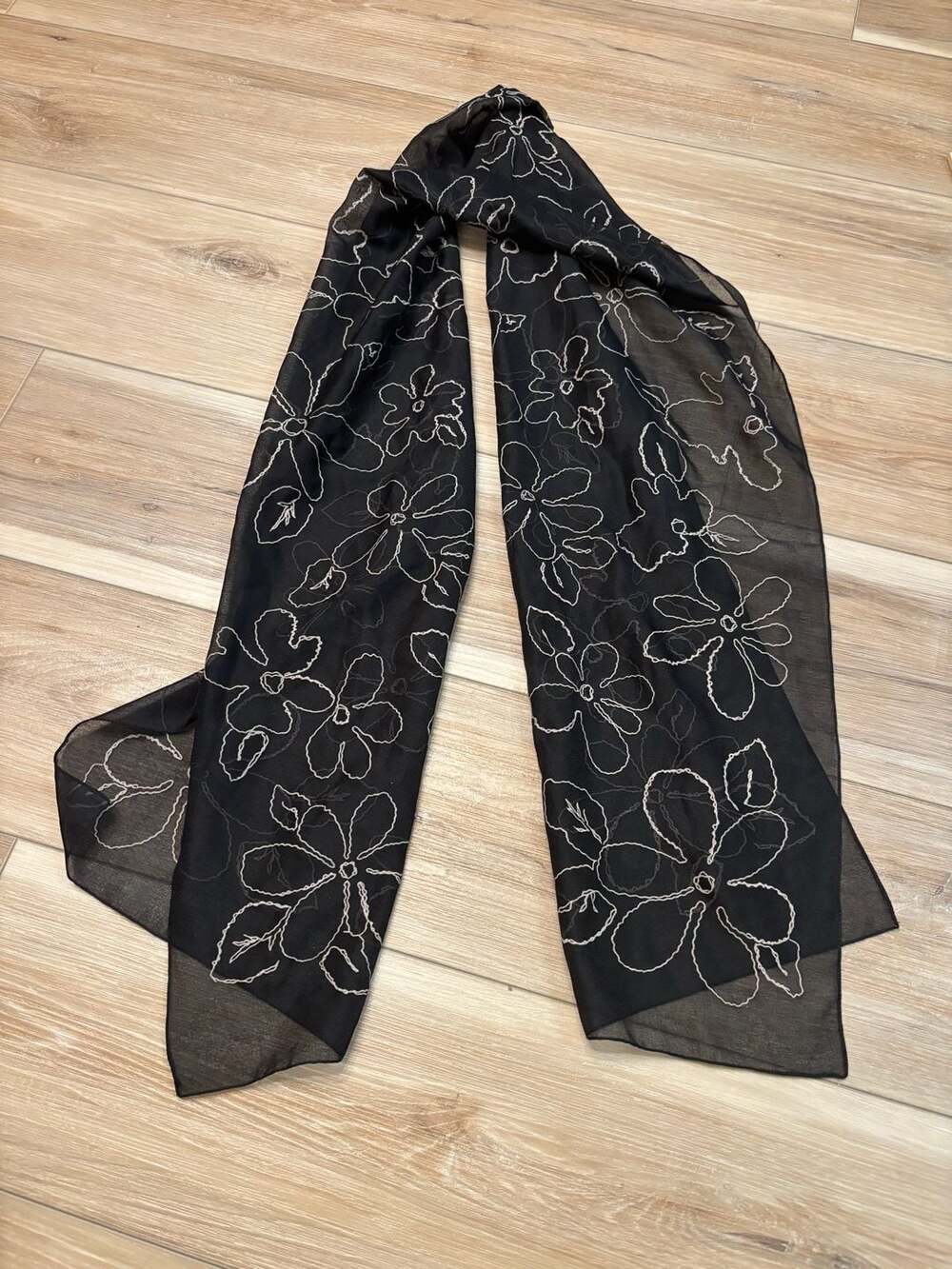 Black Sheer Silk Floral Embroidered Scarf Wrap